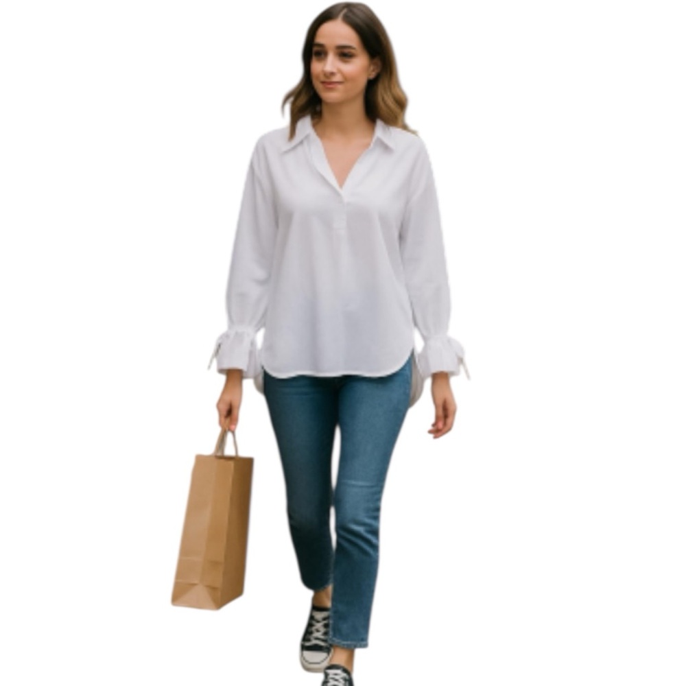 White Oversized Hi-Lo Blouse with Ruffled Cuffs & Tie Sleeves Boutique Size - Picture 3 of 11